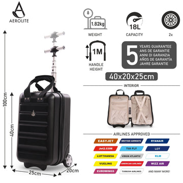 Aerolite 40x20x25cm Ryanair Approved Cabin Bag – Lightweight 2-Wheel Hard Shell Underseat Luggage with TSA Lock – Eco-Friendly Interior – Black